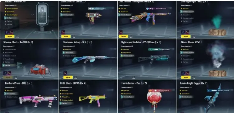 PGM562 Glacier M416 Lvl 4, UMP45 Lvl 4, Anukhra X-Suit, Levi/Gozilla, 33 Mythic Sets, 129 Outfits (G)